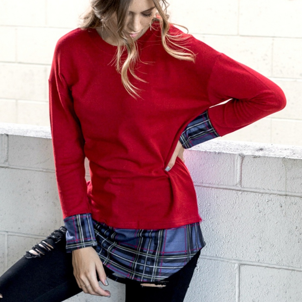 Contrast Plaid Shirttail Hem Tunic